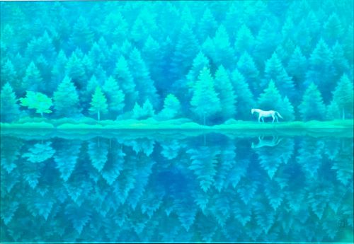 割引中東山魁夷、青の世界、森のささやき、高額画一部、額付 送料無料、ami5 自然、風景画