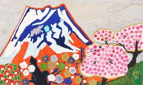 片岡球子 「富士に献花～農鳥の富士に花々」の買取画像