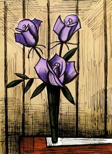 ベルナール・ビュッフェ、【Roses roses fond bleu】（Les fleurs du 